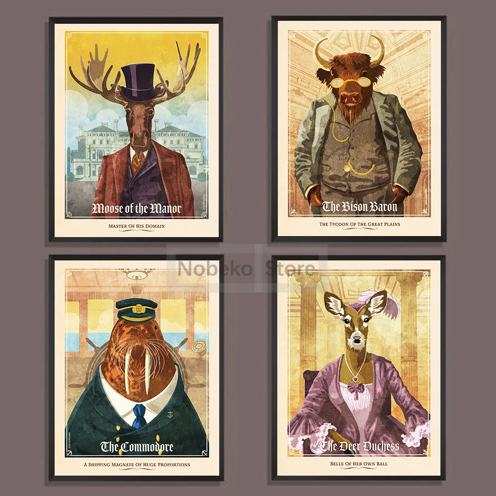 Gilded Age Inspired Animals Portrait Poster Walrus Mule Deer Bison Moose Prints Canvas Painting Wall Art Picture Home Room Decor