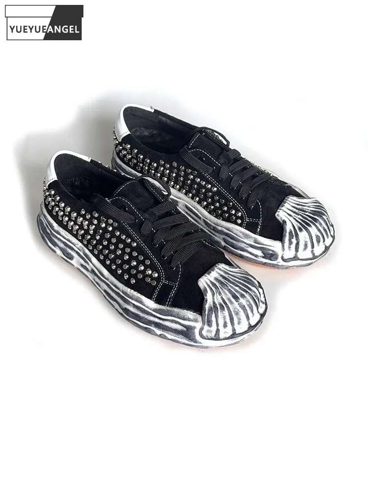 Casual Male Comfortable Winter Retro Black Suede Rivets Lace-Up Round Toe Fashion Genuine Leather Versatile Thick Platform Shoes