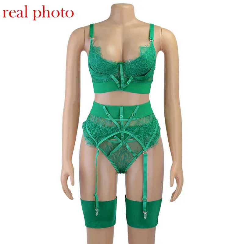 Sexy sutiã lingerie verde para mulher conjunto de roupa interior erótica renda bandagem bralette conjunto sexy push up lenceria 3 peça conjunto