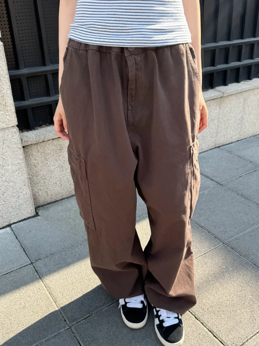 

Pockets Brown Retro Cargo Pants Women New Spring Drawstring Hem Loose Long Pant Casual Streetwear Straight Baggy Sweatpants Y2k