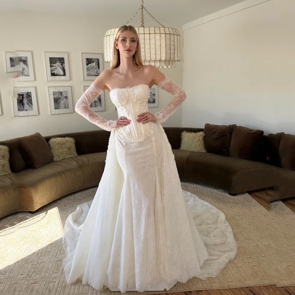

Lace Bride Gown Beading Strapless Detachable Train Flowers Strapless Mermaid Luxury Wedding Dresses Women Long Sleeve Customized