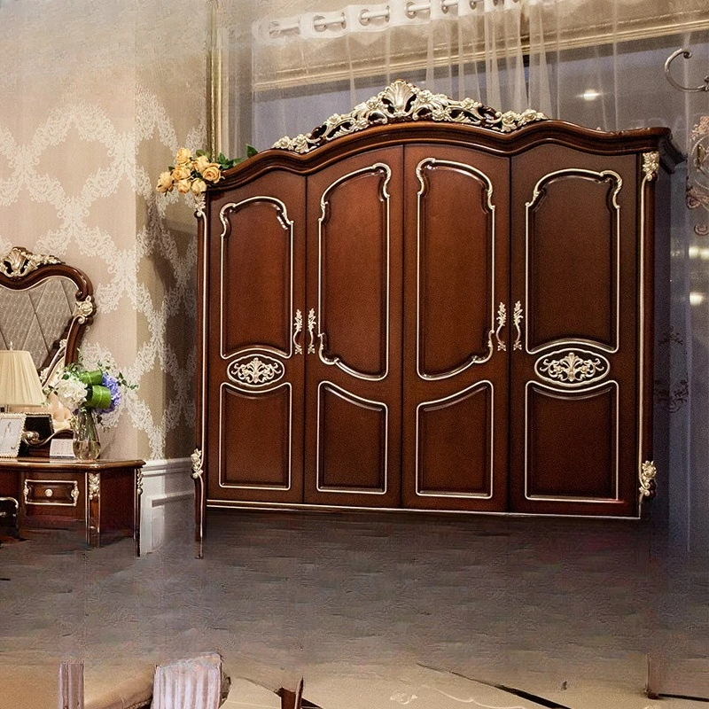 Neoclassical bedroom furniture, solid wood hand-carved large apartment decorative cabinet four-door wardrobe