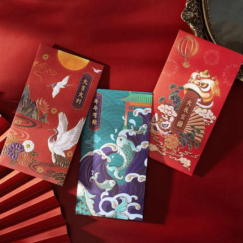 Tradition 6Pcs Hot-Stamping Crane Spring Festival Decoration Lucky Money Red Envelope Bless Pocket Chinese New Year Red Pocket