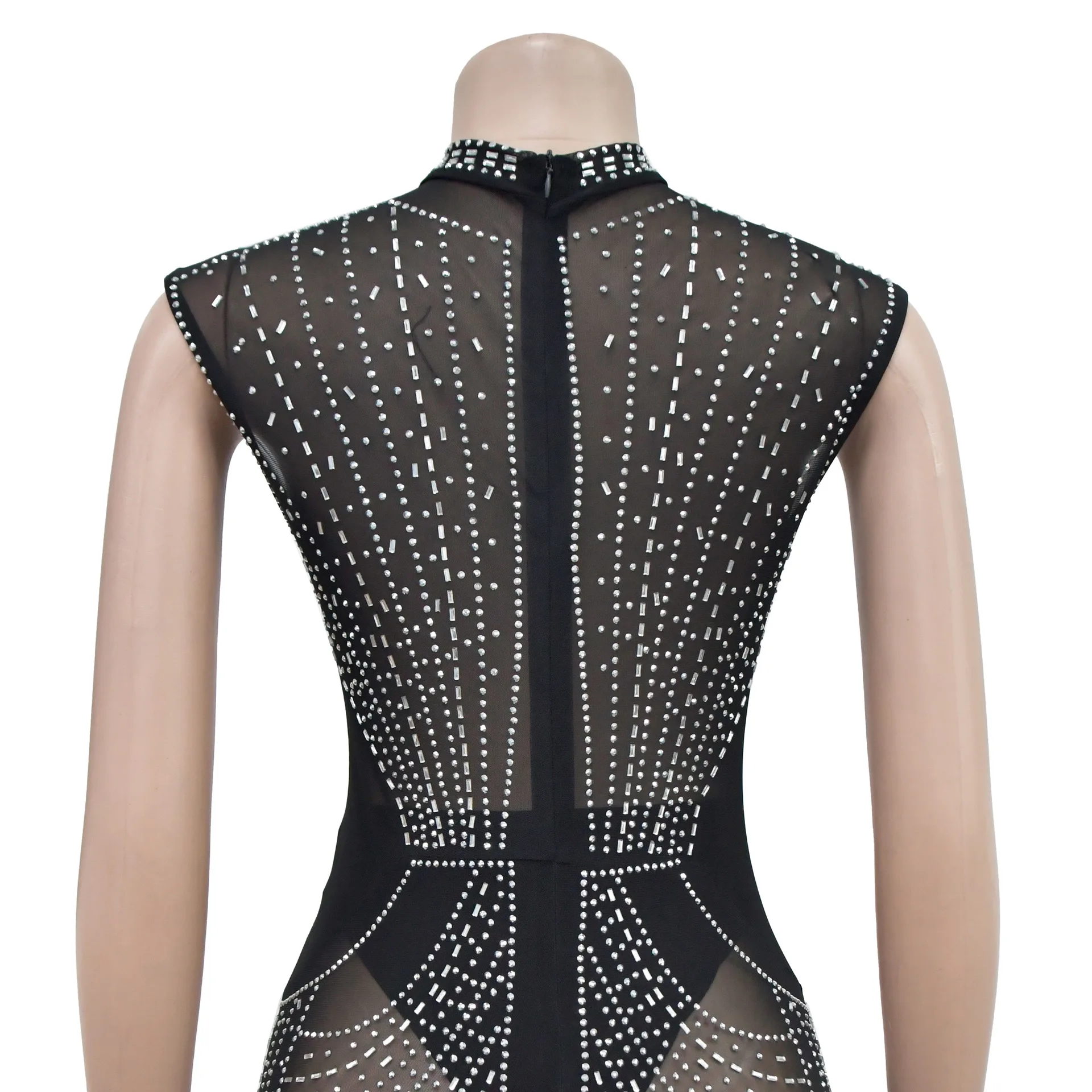 Sexy Nachtclub Party Prom Club Einfarbig Mesh Hot Strass Ärmellose Hosen Overall