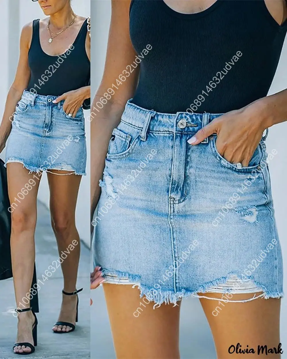 Sexy Damen-Jeansröcke mit mittlerer Taille und Reißverschluss, ausgefranstem, rohem Saum, zerrissen