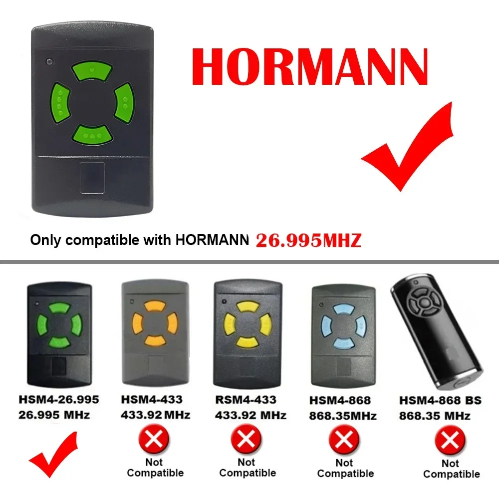 FOR HORMANN HS1 HS2 HS4 26.995 MHz GARAGE DOOR REMOTE CONTROL HSE2 HSM2 HSM4 HSP4 HSP4-C 26.995 MHz HSD2-A HSD2-C 26.995 MHz