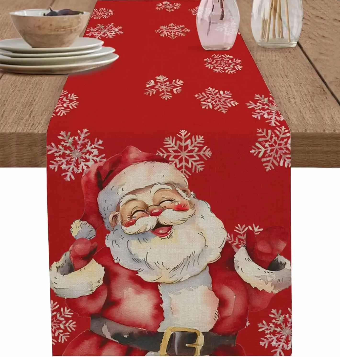 Christmas Snowflake Santa Claus Linen Table Runner Party Decor Reusable Winter Kitchen Dining Table Runner Christmas Decorations