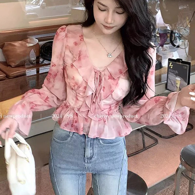 Women Stylish Floral Print Ruffles Lace Up Blouses Elegant Chic Sweet Slim Shirts Fairy V Neck Long Sleeve Chiffon Tops Female