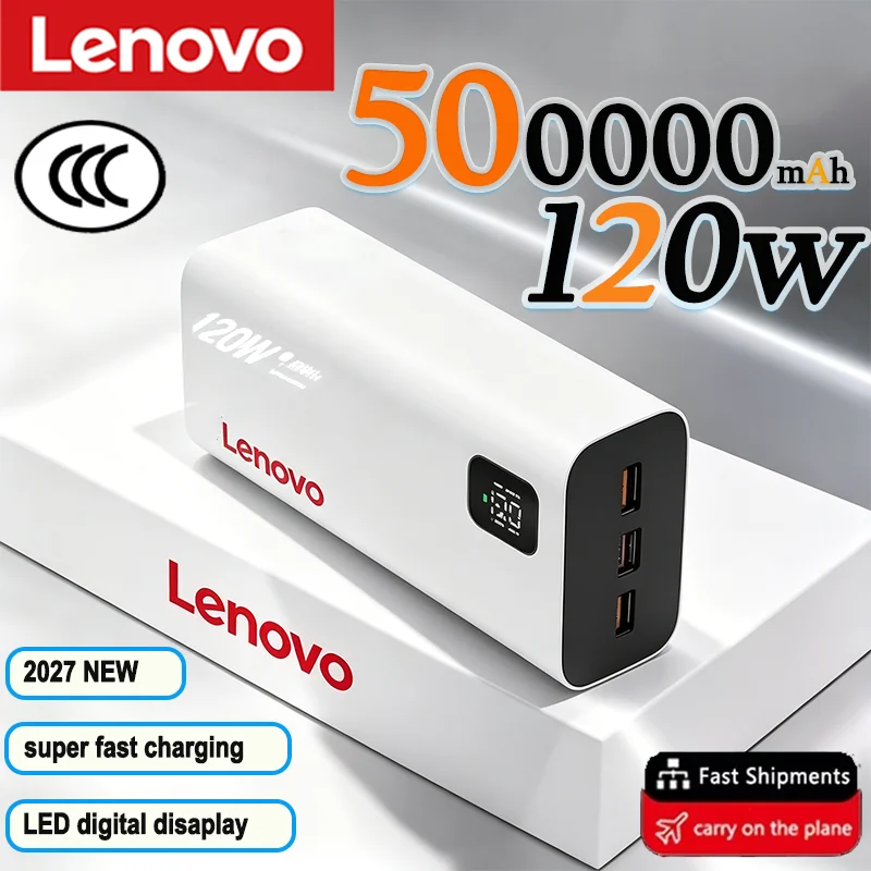 Lenovo 2027 Large Capacity 500000mAh Portable Power Bank 120W Super Fast Charging Battery Charger Powerbank For Xiaomi iPhone17
