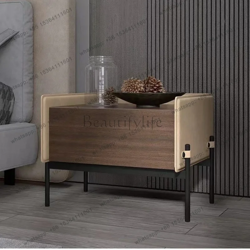 YJ Italian minimalist smoked solid wood bedside table saddle leather hard leather bedside table designer creative bedside table