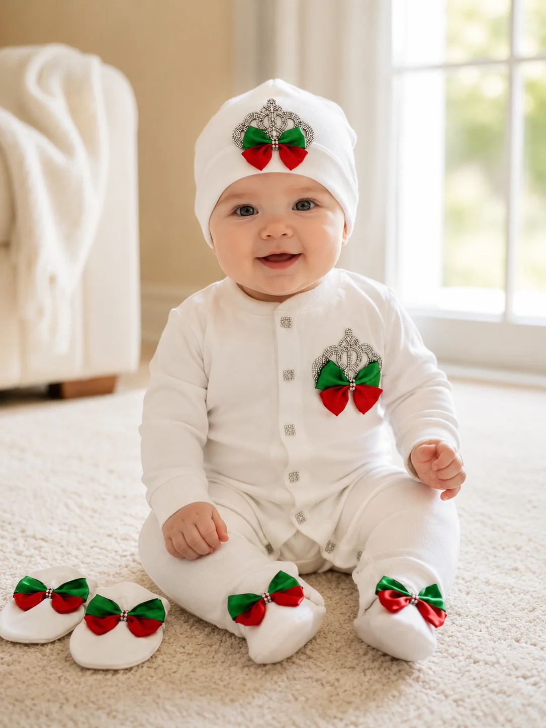 French Soft White Base Christmas Satin Bow Rhinestone Crown Footed Romper Hat Mittens 3pcs Newborn Girl Gift Outfit Set