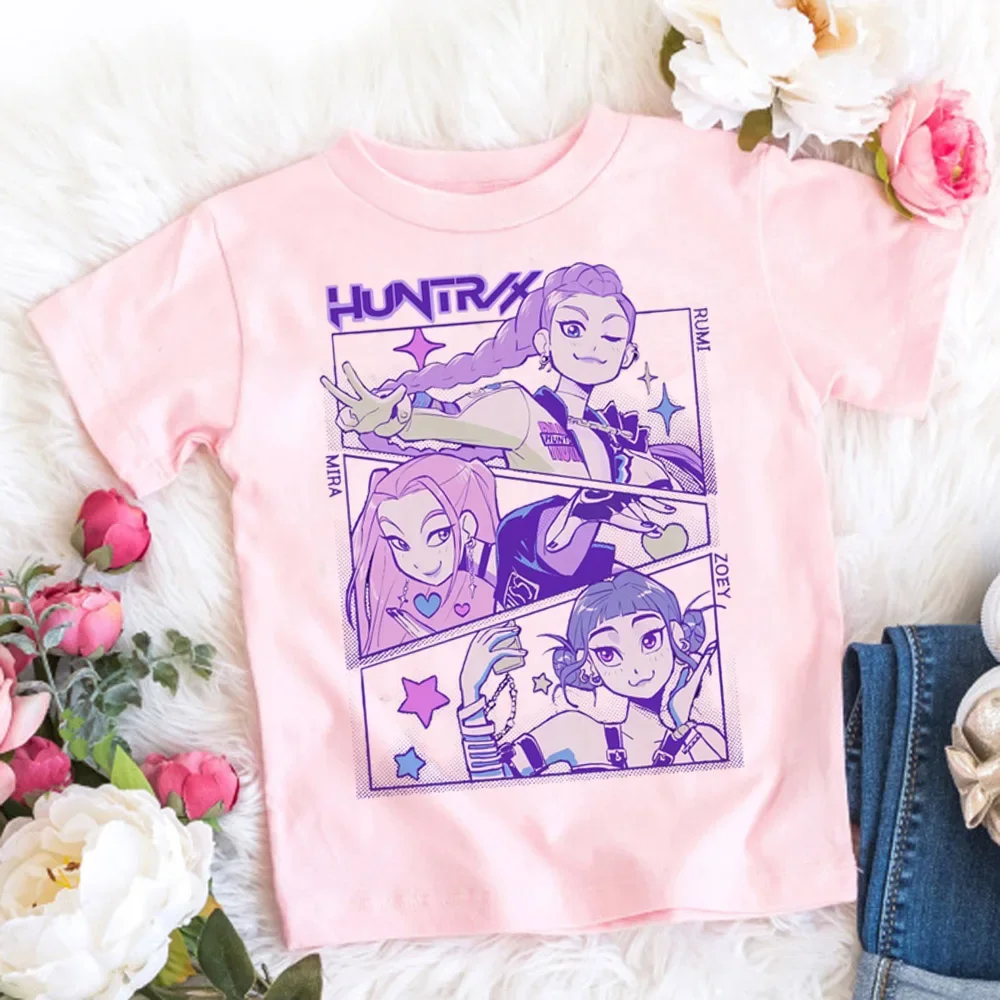 2025 Summer Kpop Demon Hunters T Shirt Kids Cartoon Anime Meme Print Clothes Round Neck Basic Boys Tops Casual Shirts Gift image 6