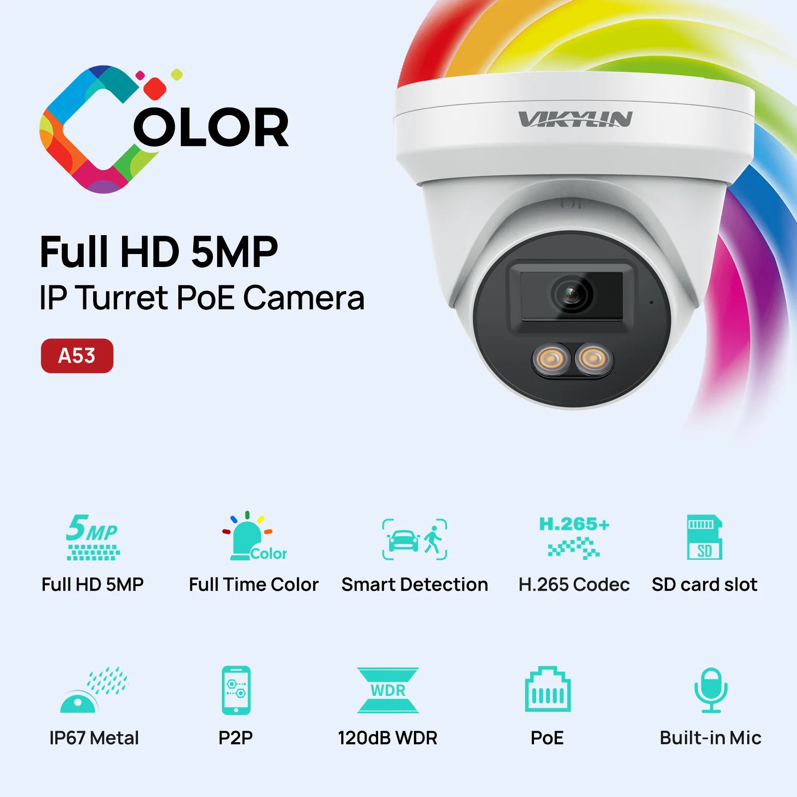 VIKYLIN 5MP IP Security Camera with Full Color Audio Poe Human & Vehicle Detection ONVIF Compatible SD Storage IP67 Outdoor