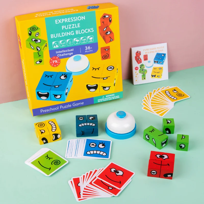 

Wooden Expression Puzzled Magic Face Cube Building Blocks Montessori Educational Toys For Children Logical Thinking Gift 3D