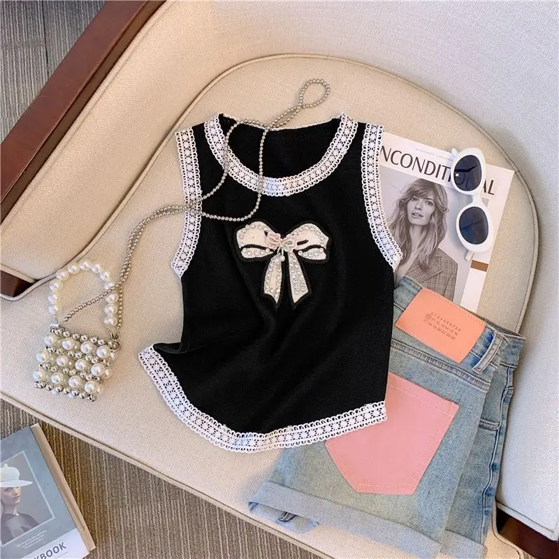 Heavy Industry Small Fragrance New Embroidered Bow Sparkling Design Vest 2023 New Top Ins Crop Top