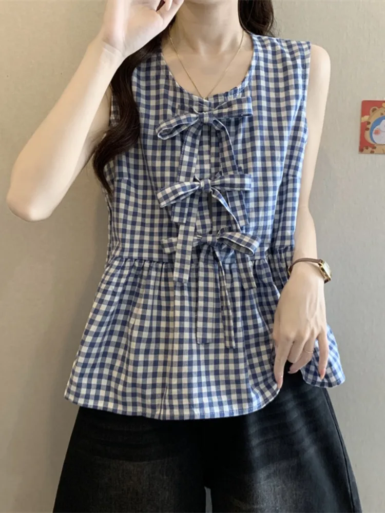 

Korean Style Plaid Knot Sleeveless Vest Shirt Women Summer Sweet Anti-Aging Shoulder Bared Doll Shirt Top Outerwear