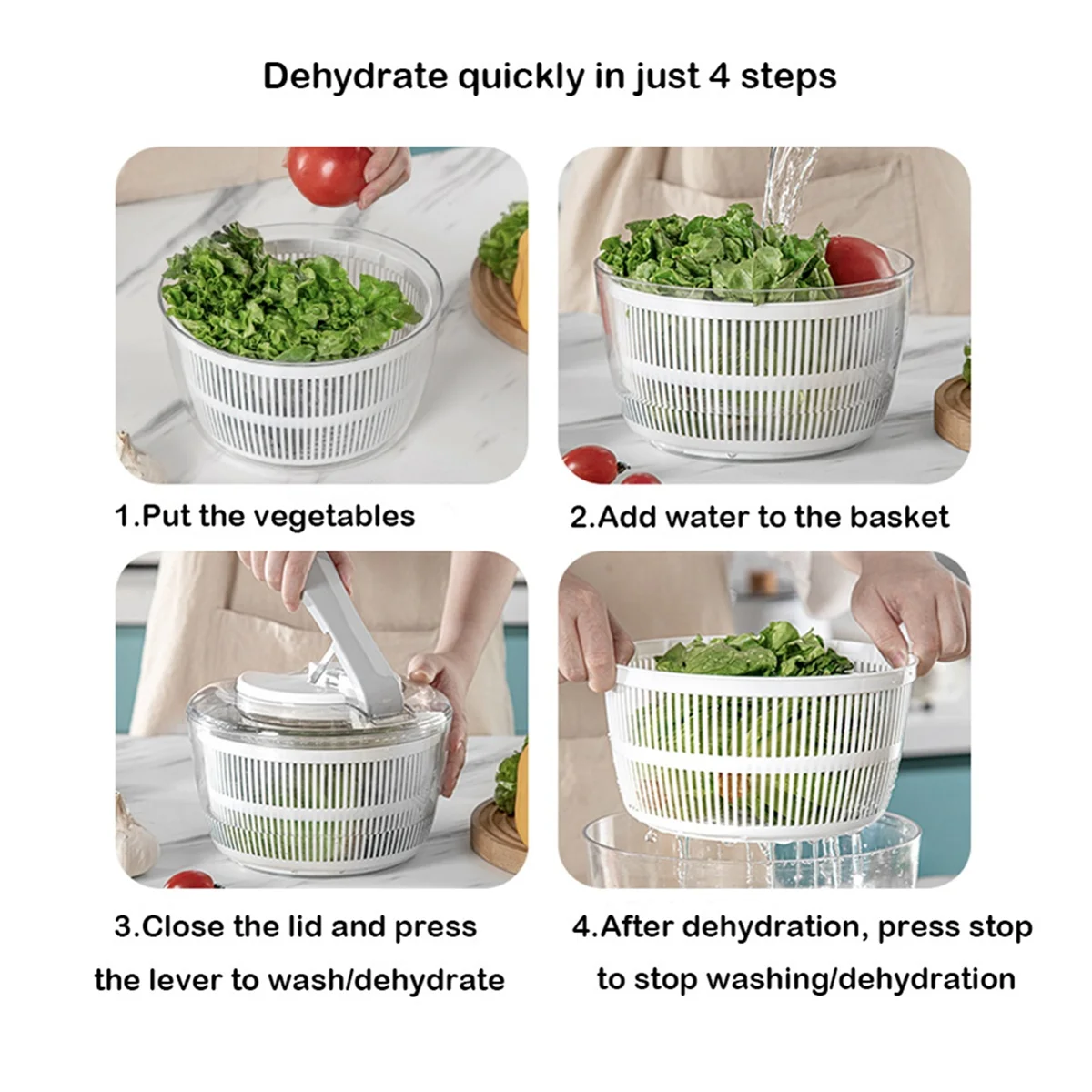 Salad Spinner Manual Lettuce Spinner for Vegetable Prepping, 1-Handed Pump Fruit Spinner Dryer Fruit Washer-White-T33C