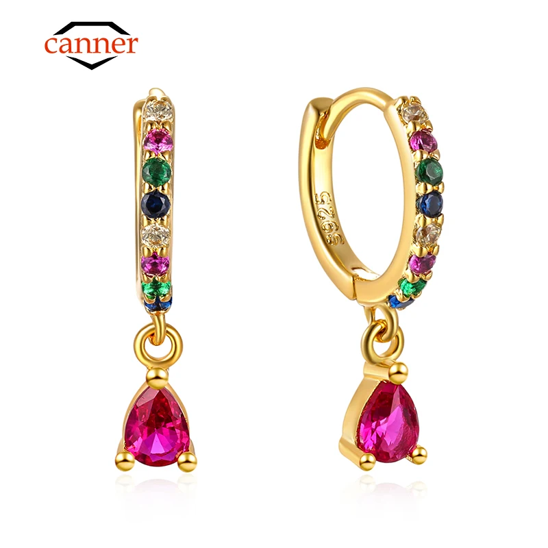 CANNER 925 Sterling Silver Round Huggie Piercing Rainbow Zircon Collection Hoop Earrings dla kobiet Biżuteria Codzienne noszenie Pendientes