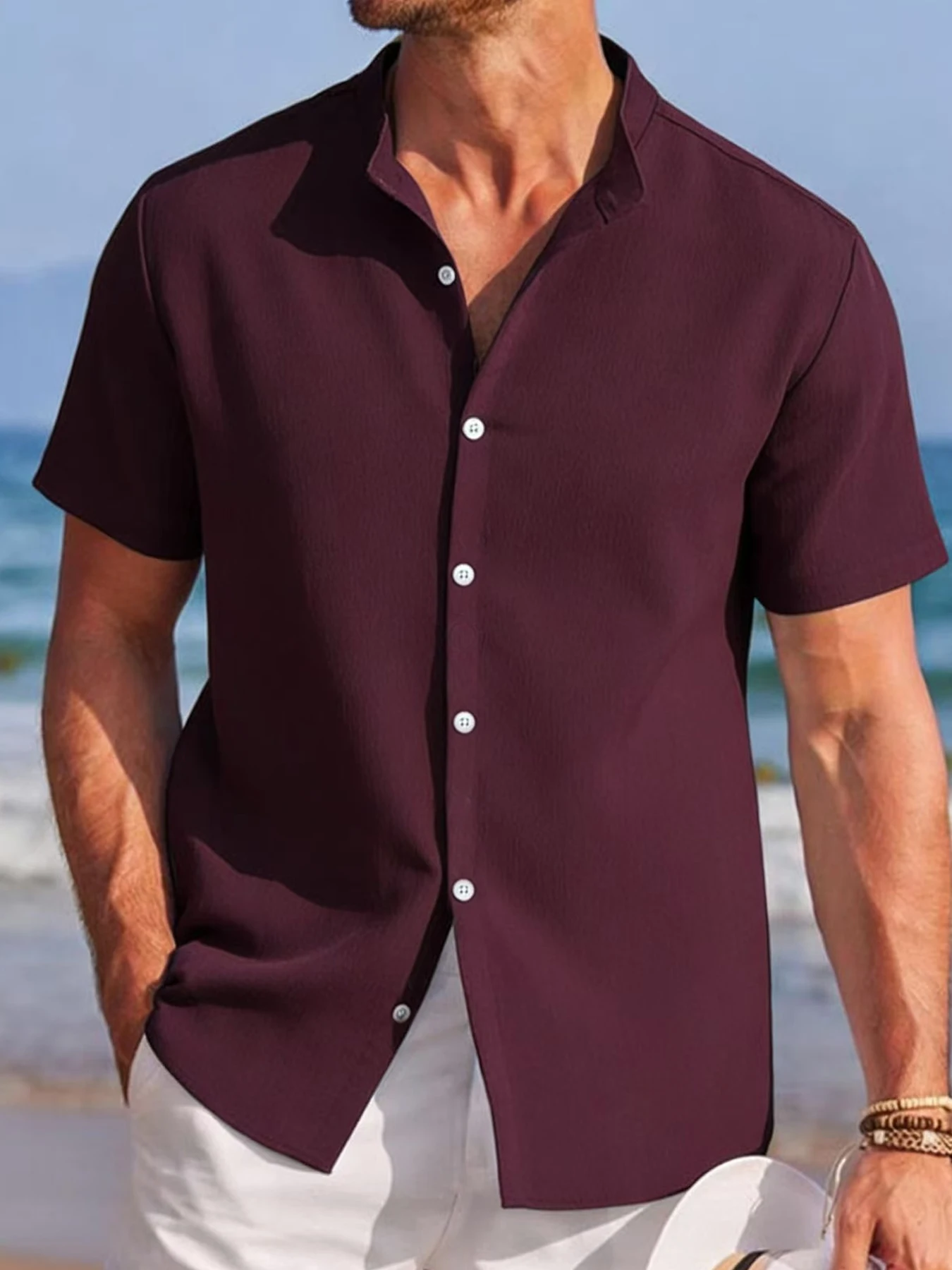 Sommermode Herren Kurzarm Henley-Hemden mit Knöpfen Lässiges Einfarbiges Strandhemd