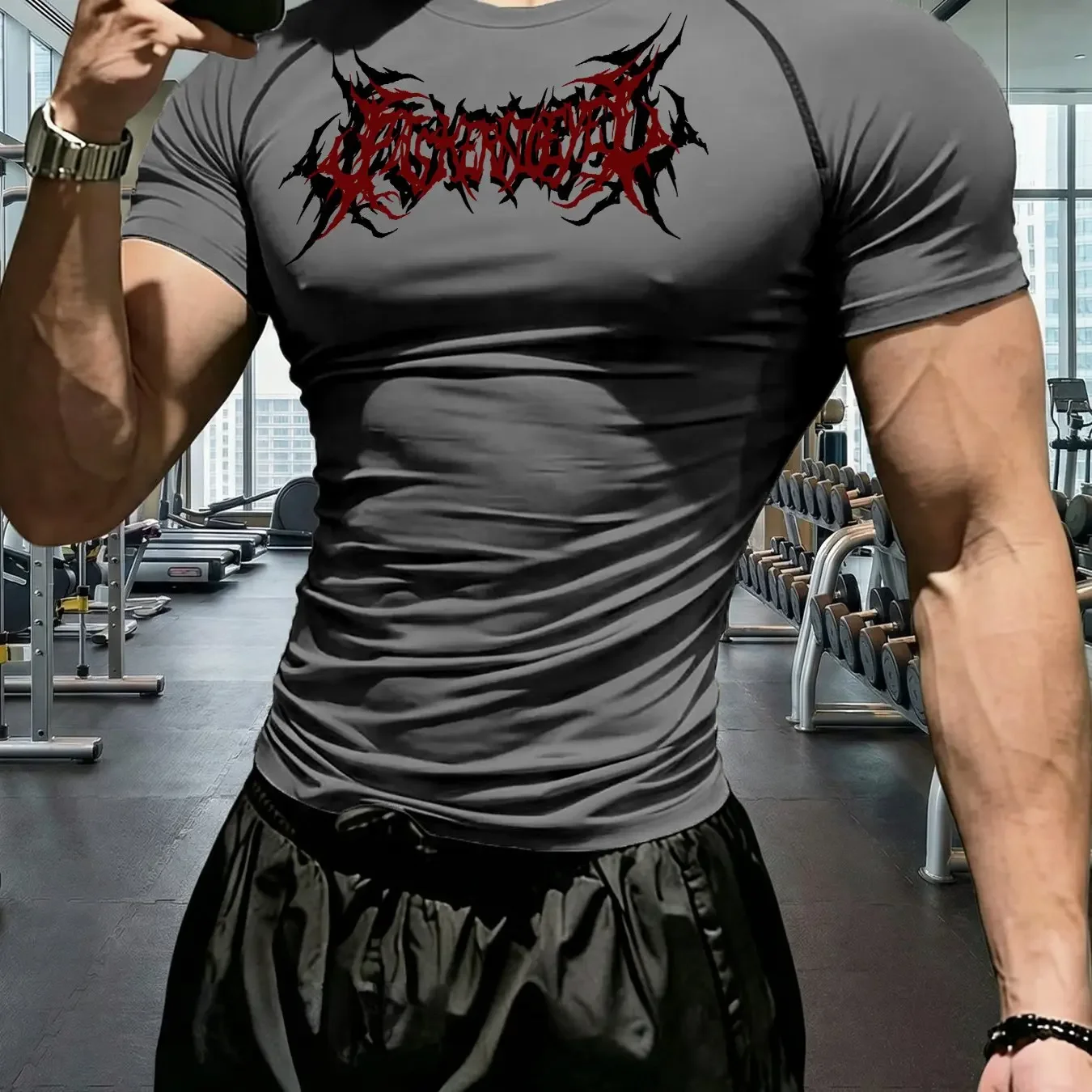 All Season Fitness Bodysuits with Short Sleeves for Men, Featuring Gothic Tribal Style Prints and High Elasticity, Breathable Fi