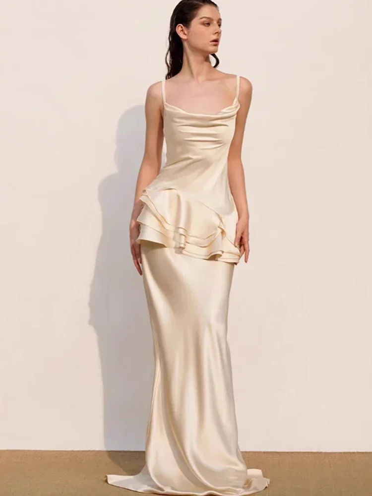 

Sexy Swinging Neck Sling Ruffles Slim Maxi Dress Women Black Champagne Sleeveless Backless Long Dresses Elegant Evening Party