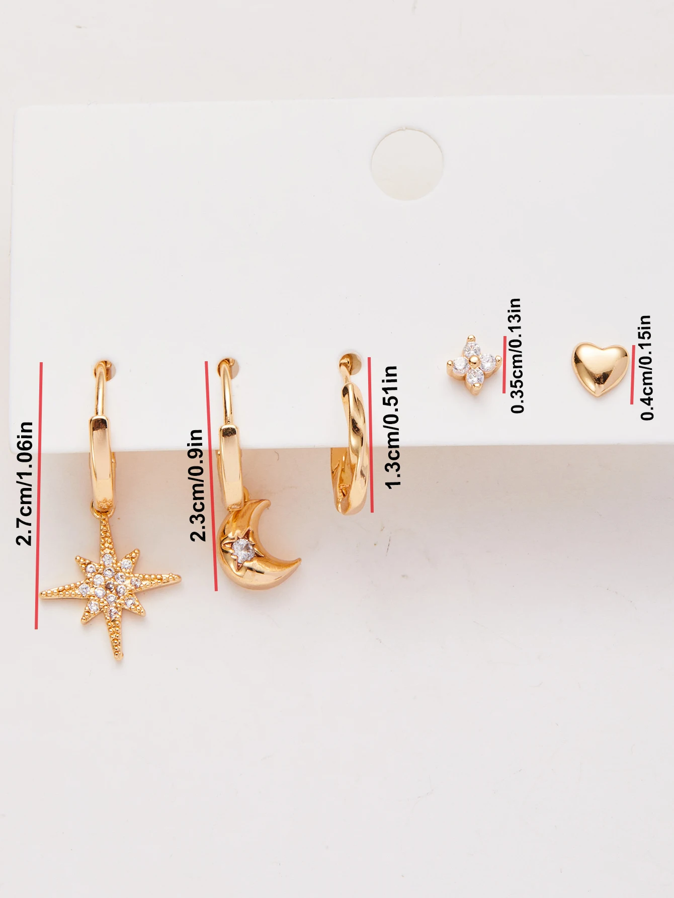 5PC Golden Women's Fashion Octagonal Star Moon Love Flower Fashion Simple and Versatile Holiday Star Women's Earrings