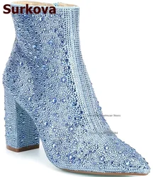 Surkova Glitter Crystal Chunky Heel Ankle Boots Shining Rhinestone Embellished Pointed Toe Short Booties Zipped Diamond Shoes
