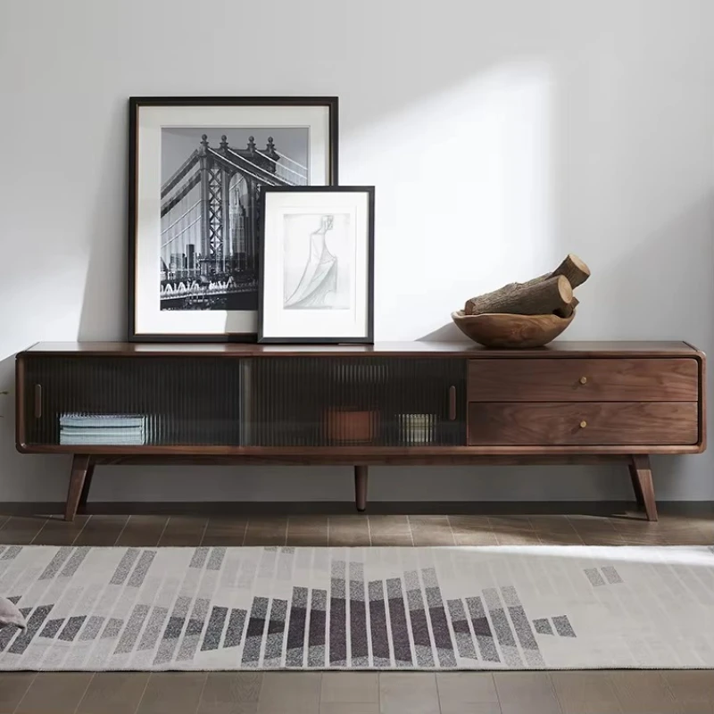 

B5085 Nordic style solid black walnut living room furniture TV cabinet with 2 glass sliding doors and 2 drawer TV cabinets