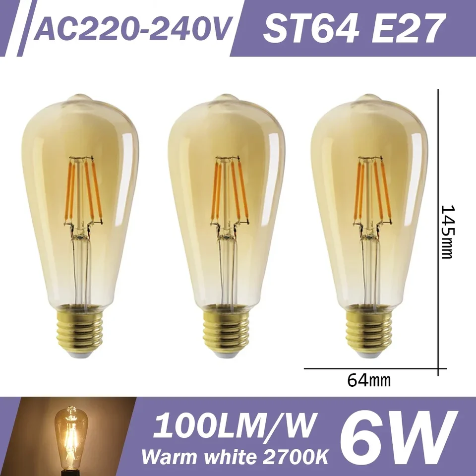 3pcs Retro Led Light Bulb E27 B22 E14 C35 A60 ST64 AC220-240V Edison Filament Bulb Vintage Warm Glass Lamp Lighting Indoor Light, image 27