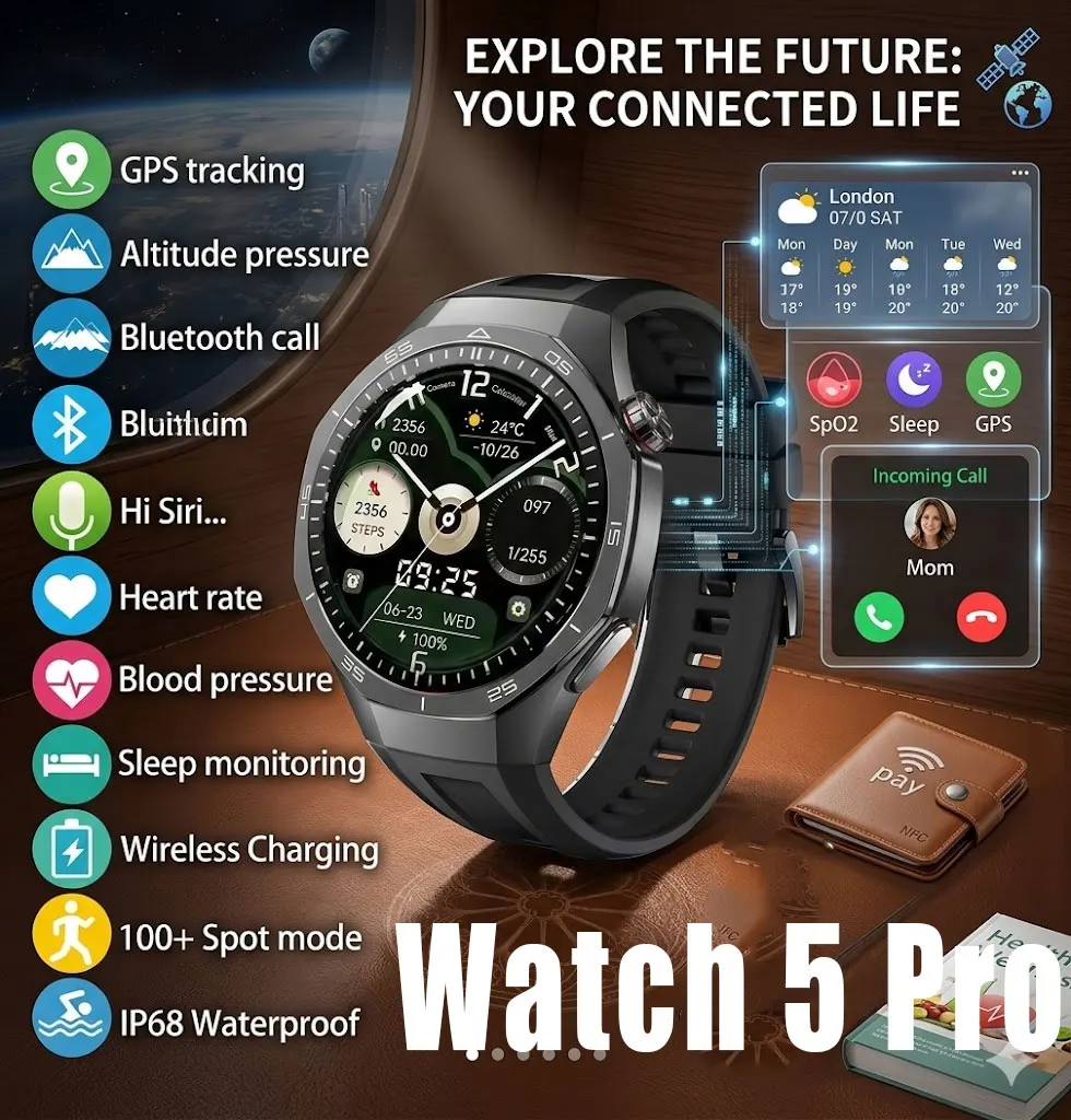 

Смарт-часы Watch 5 Pro для мужчин, новинка 2025 года, с функцией звонков по Bluetooth, измерением давления и пульса, спортивные, водонепроницаемые, GPS-часы для iOS и Android