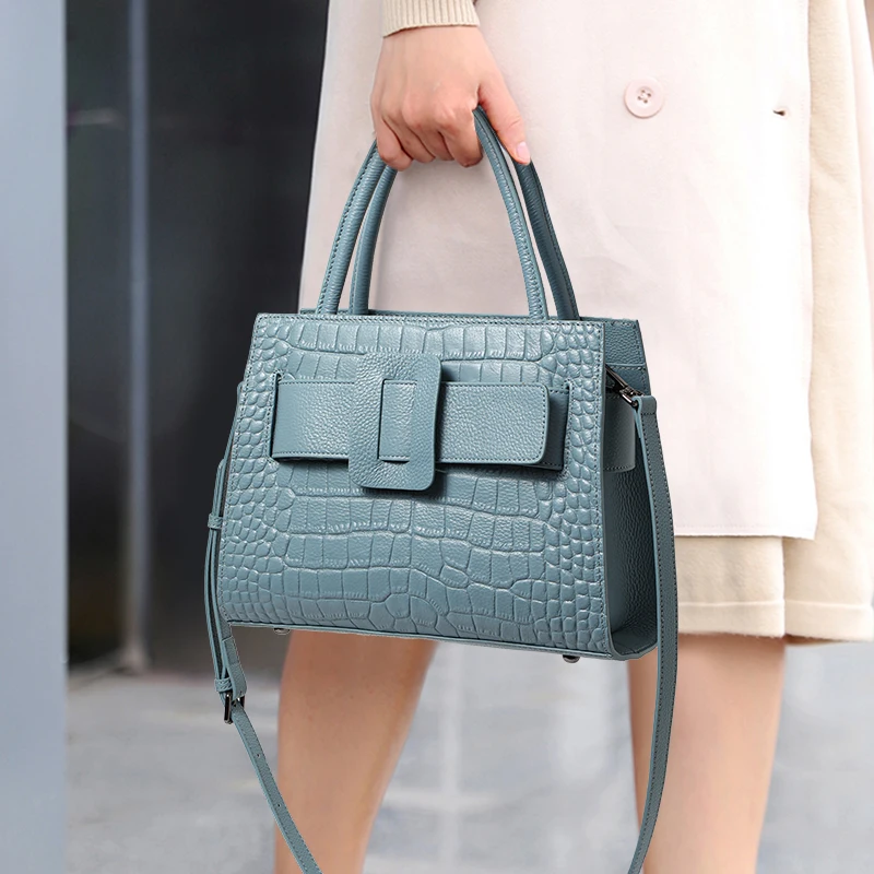 

Aidrani Light Blue Croc - Embossed Handbag: Distinctive Buckle & Convertible Strap
