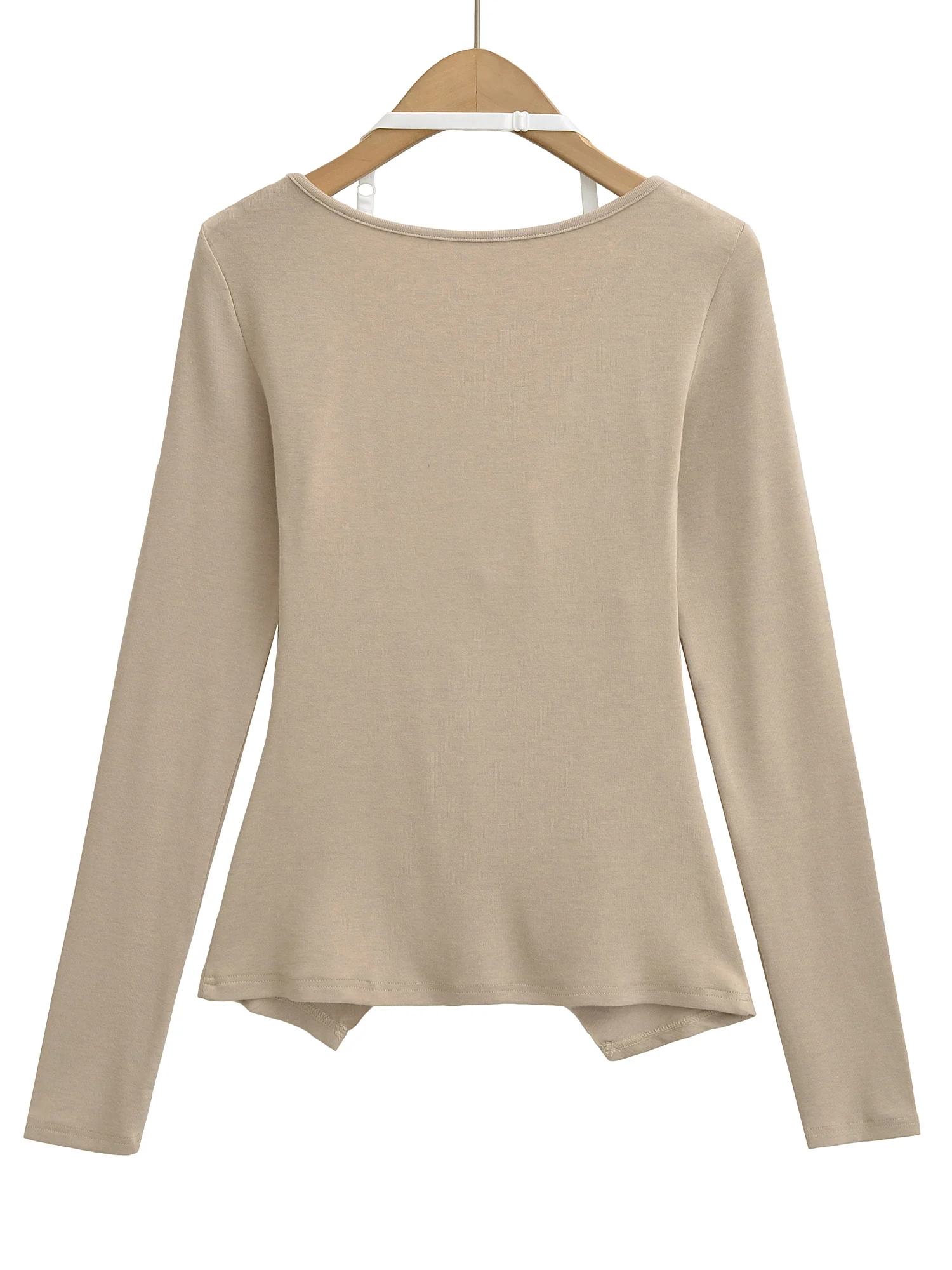 セクシーなアメリカンスタイル長袖Tシャツ レディースデザイン スリムフィット レースパネル Vネック ノットトップ ポリエステル綿スパンデックス混紡