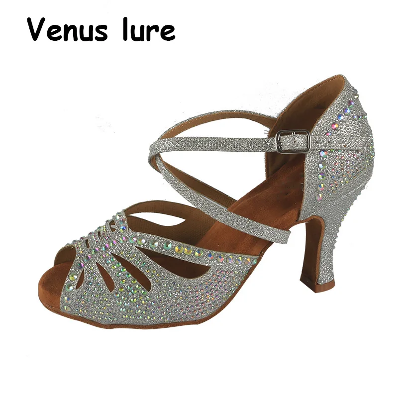 Women Dance Shoes Salsa Rumba Samba Latin Shoes Ladies Ballroom Dance Shoes Rhinestone Dance Heels Women Sandals Silver Glitter