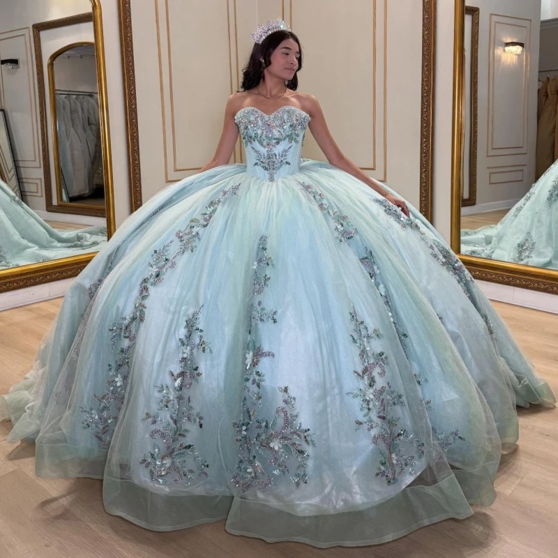 

Aqua Blue Shiny Quinceanera Dresses Off The Shoulder Sequin Applique Lace Beads Tull Party Birthday Sweet 16 Dress Vestidos 15