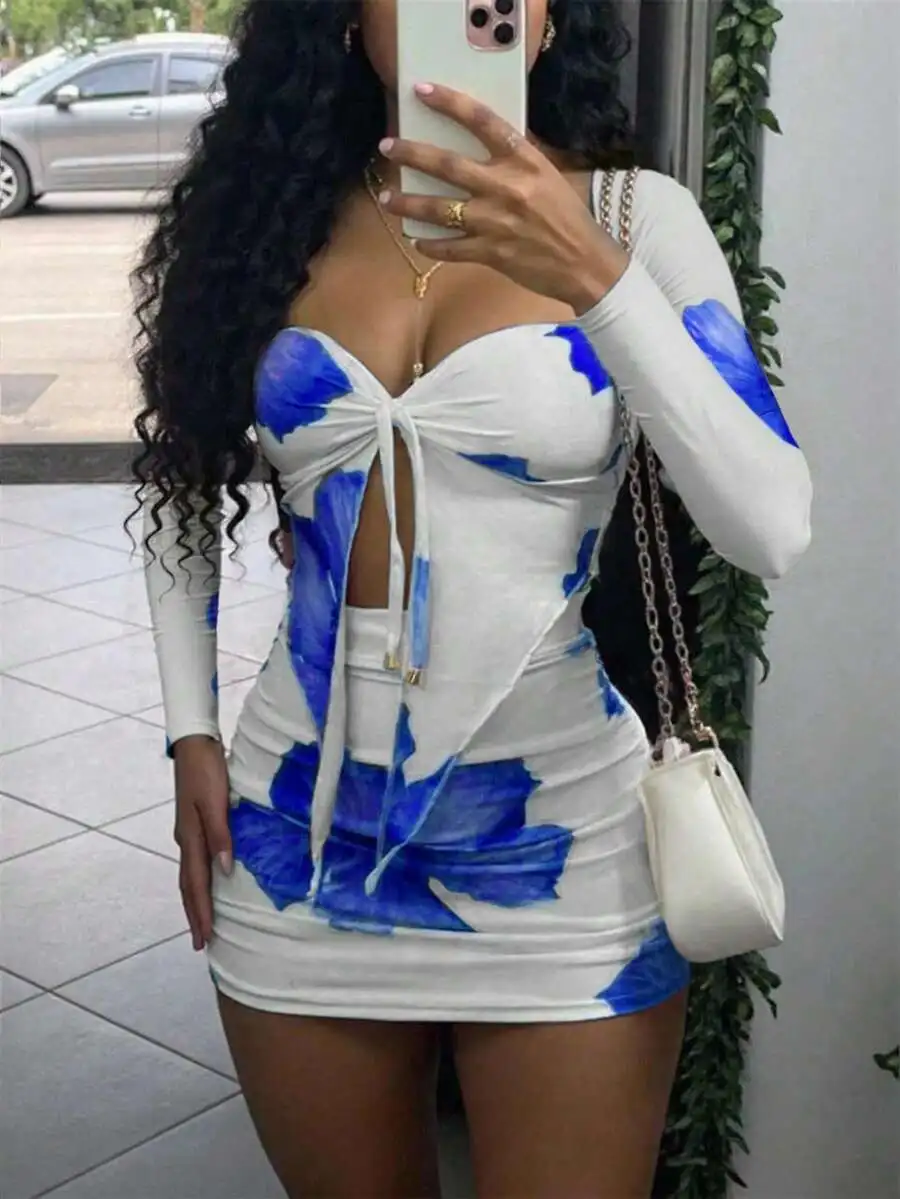 ชุดเดรสเข้ารูปแขนยาวพิมพ์ลายดอกไม้ของผู้หญิงพร้อมปมด้านหน้าและช่องเว้า ชุดมินิเดรสฤดูร้อนสุดเซ็กซี่