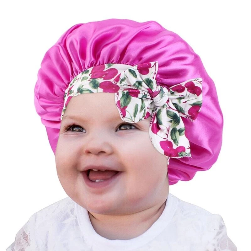 QXND Elastic Band Silky Satin Kids Bonnet Children Baby Dome Reversible Caps Elastic Stretch Hair Cover Hat Night Sleep Cap