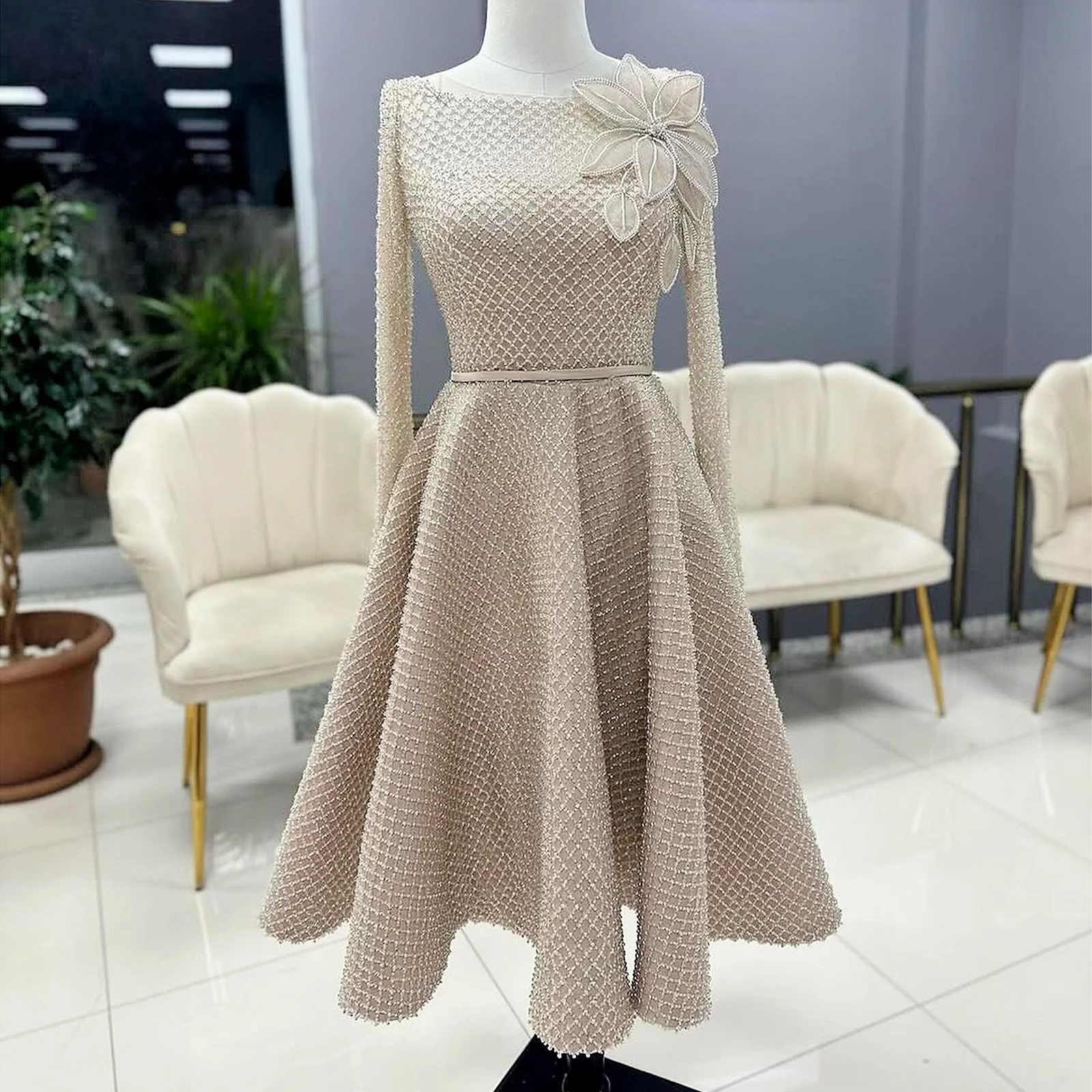 

Socialite Dress Rhinestone Mesh Appliqué Evening Dress Long Sleeve A-line Skirt midi dresse wedding party dress