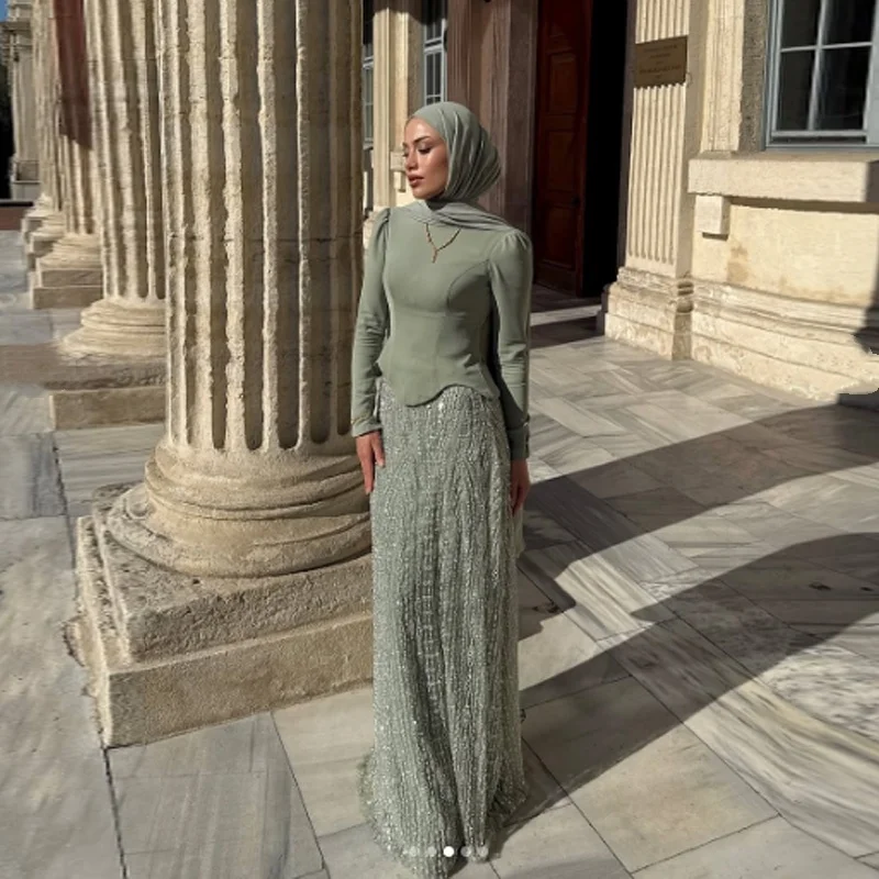 Customized Sequin Embellished Hajib Evening Dresses High Neck Full Sleeve A Line Formal Muslim Prom Dress فساتين سهرة image 6