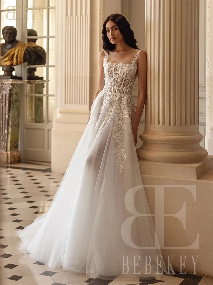 BEBEKEY Customized Lace Beaded Flowers Wedding Dress Square Collar Formal Party Gown vestidos de novia image 4