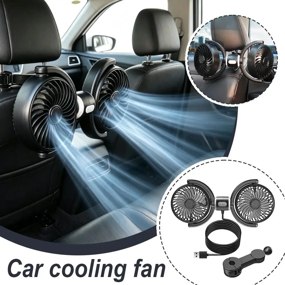 New Upgrade Dual Head USB Car Backseat Fan Strong Wind 360 Adjustable Quiet Portable Clip On Auto Electric Cooling Fan