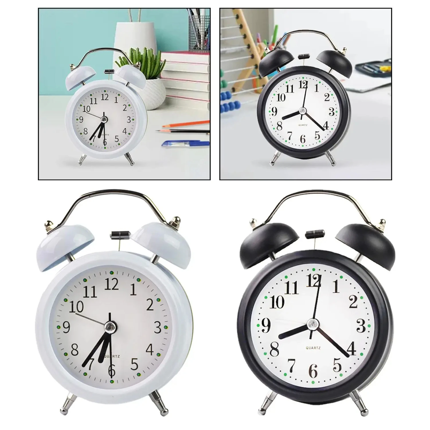 Twin Bell Alarm Clock Non Ticking Desk Clock Creative Metal Analog Alarm Clock  NightStand Bedside  Study Room Desk