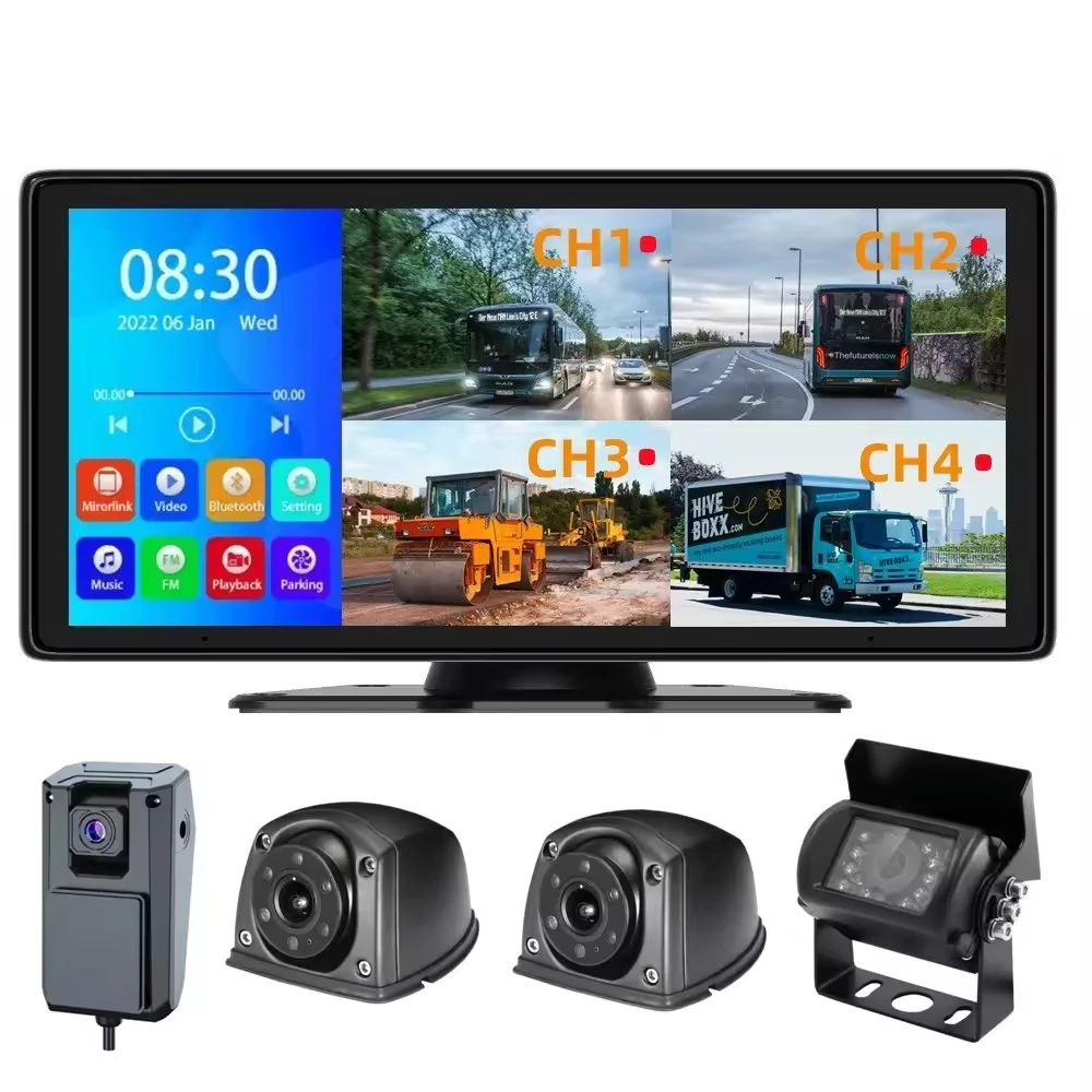 4CH Full HD 1080P 10.36 Inch Touch Screen With Waterproof Night Vision Camera Car DVR Recorder Loop Recording Vehicle Truck RV