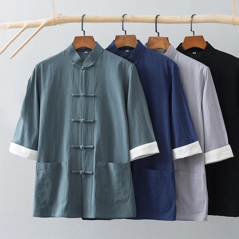 Traditional Chinese Tang Suit Tops Men Long Sleeve Kung Fu Tai Chi Uniform Spring Autumn Shirts Chinese Cardigan Coat Hanfu