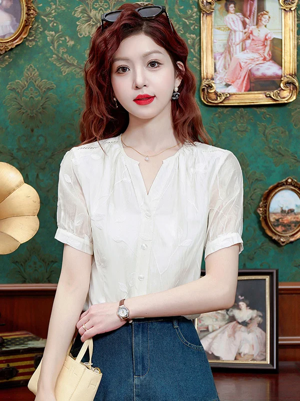 

White Embroidered Cotton irt Women Summer 2026 New Bubble Sve Loose Versatile ort Sve Small Top Polyester Fiber