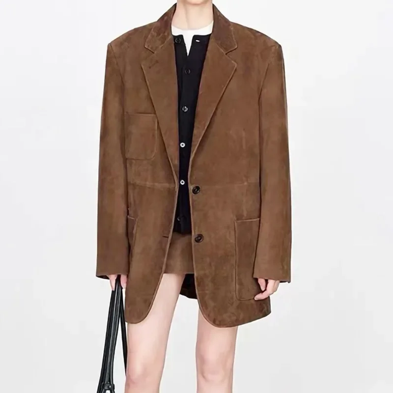 High-End Brown Women Suede Coat Real Leather Outwear Button Outfit Spring Autumn Women Fashion Short Thin Female Jacket