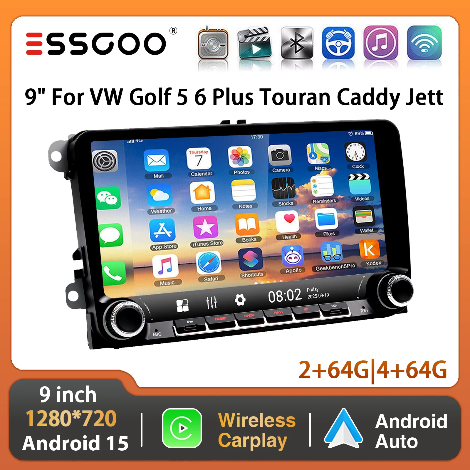 ESSGOO Android 15 9 Zoll 64G Für VW GOLF 5 6 Plus Touran Caddy Kabelloses Carplay Autoradio GPS NAVI WIFI SWC RDS BT Typ-C USB