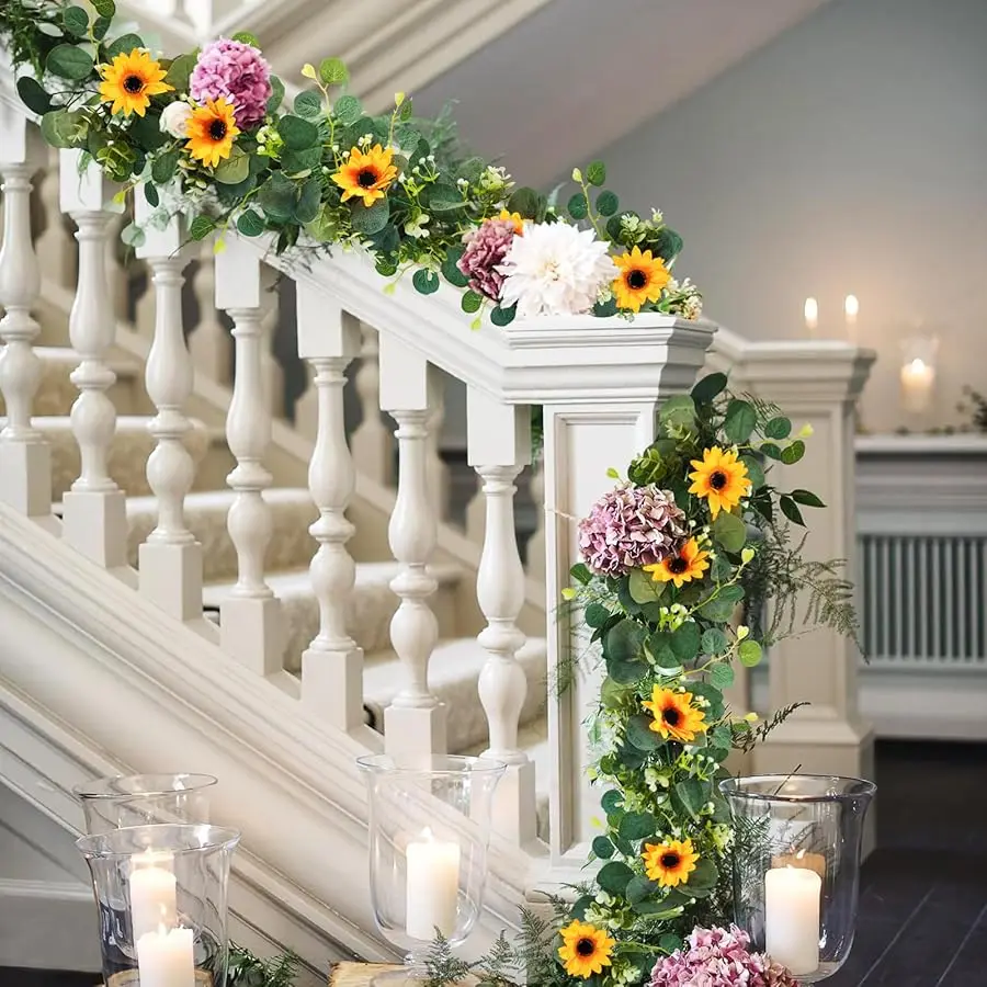 Confezione da 2 ghirlande di girasole artificiali, girasoli di seta da 6 piedi/filo, ghirlanda di fiori di viti appese con foglie verdi per la cucina della stanza