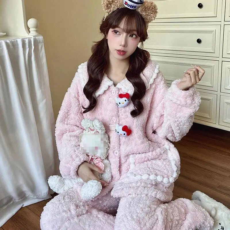 2 قطعة أنيمي لطيف طباعة المرأة منامة فتاة حلوة أفخم الملابس المنزلية الدافئة الكرتون Kawaii طالب بيجامة مجموعة الشتاء الدافئة ملابس خاصة