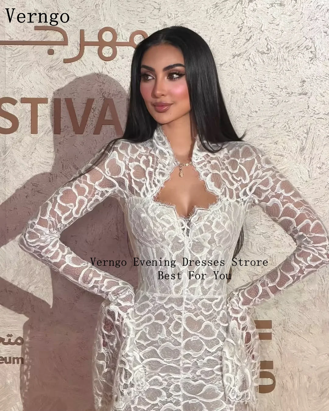 Verngo lvory Lace Evening Dress High Neck Full Sleeves Mermaid Prom Gowns Saudi Arabia Prom Party Dress Customized