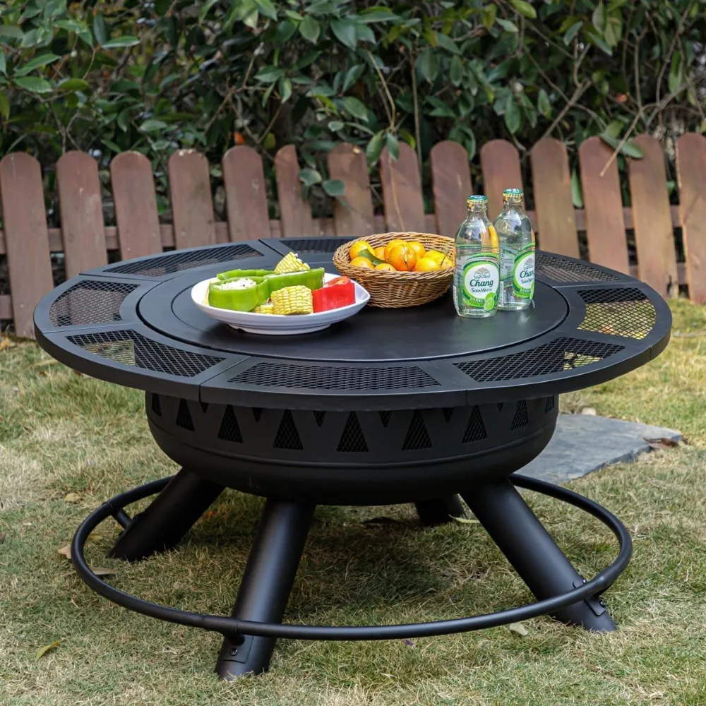 36 Inch Fire Pit with Grill and Lid, Three in One Large Fire Pit with Spark Screen and Fire Poker Card